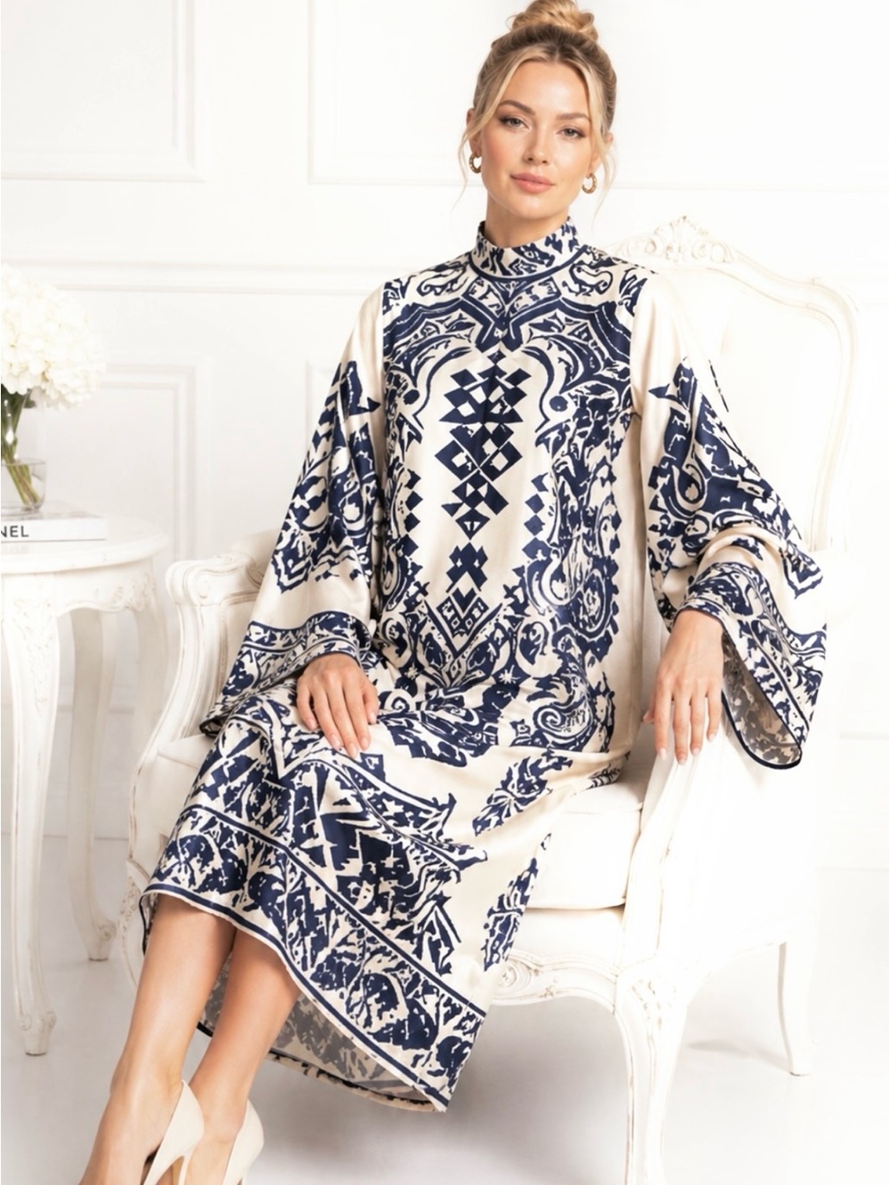 Oversized Tile Inspired Print Midi Dress in Navy and Cream